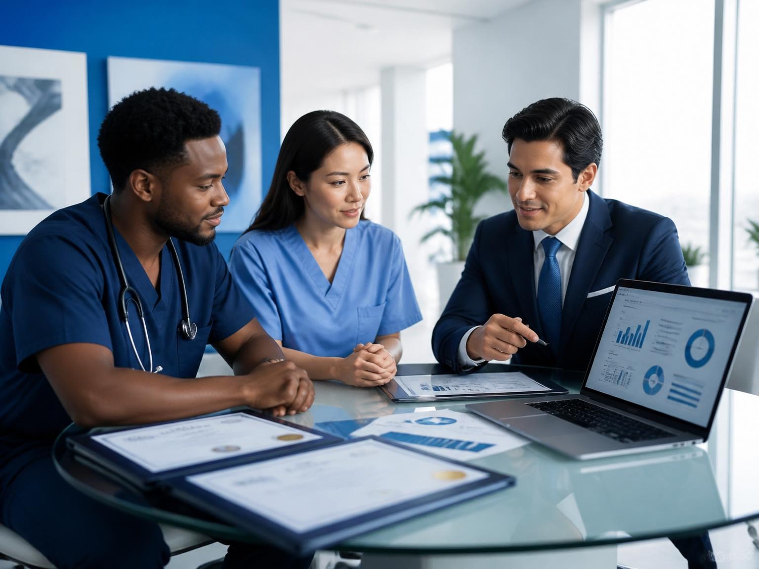Healthcare consultants reviewing licensing documents and business strategy